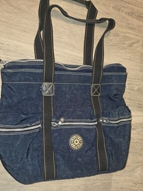 Kipling Dark Blue Canvas Messenger Tote with Black Straps